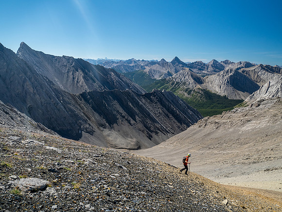 Descending rubble slopes back to the North Fork Pass trail.