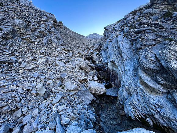 Hiking up the west rubble access drainage.