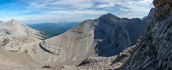 A view back to Scrimger with the problematic north cliffs atop the easy lower north ridge.