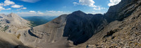 The scree traverse stretches out ahead at left, Scrimger at C-R.
