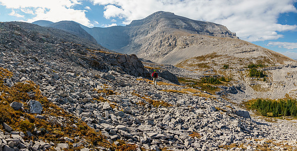 Hiking towards the NW summit of Scrimger and our scree traverse.
