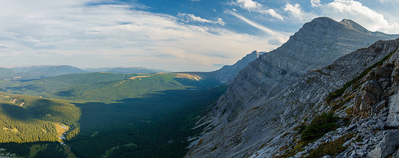 Mount Scrimger and the impressive wall of cliffs along the Continental Divide to Cataract Plateau.