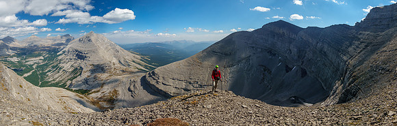 At the top of the moderate slabs with our scree traverse looking exposed at right.