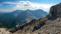 Views back over the headwall to Farquhar and Scrimger / NW.