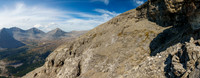 The second cliffband is avoided with a long left traverse on scree.