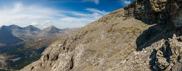 The second cliffband is avoided with a long left traverse on scree.