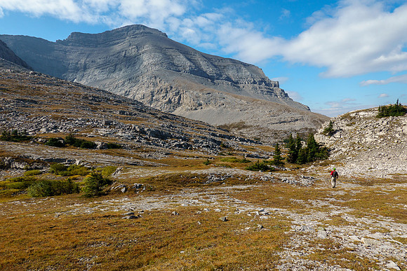 Hiking towards the NW summit of Scrimger and our scree traverse.