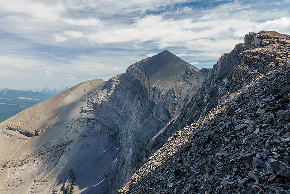 A view back to Scrimger with the problematic north cliffs atop the easy lower north ridge.