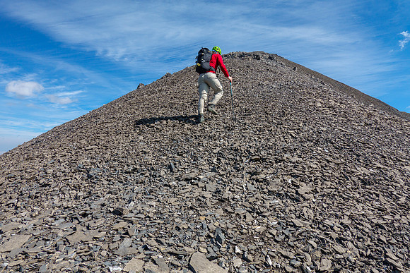 Hiking up the easy west ridge of Mount Scrimger.