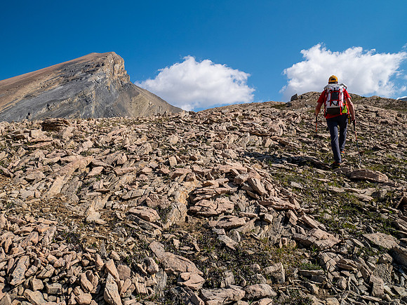 Hiking across Beauty Creek valley under Mount Wurzburg.