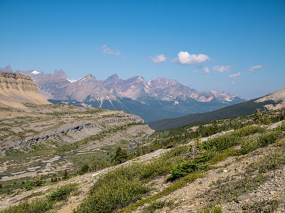 Hiking across Beauty Creek valley under Mount Wurzburg.