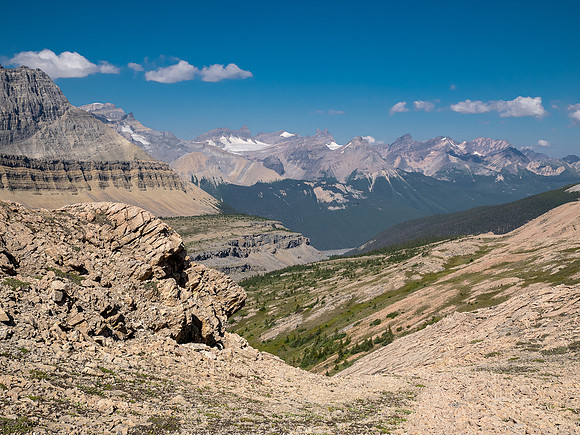 Hiking across Beauty Creek valley under Mount Wurzburg.