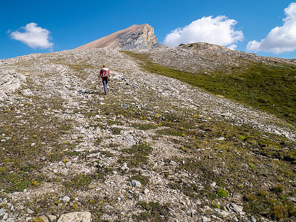 Hiking across Beauty Creek valley under Mount Wurzburg.