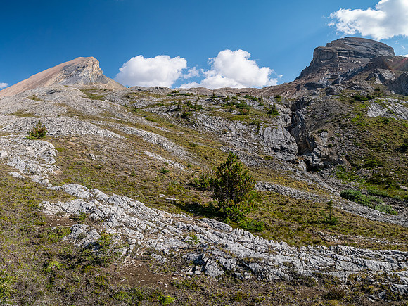 Hiking across Beauty Creek valley under Mount Wurzburg.
