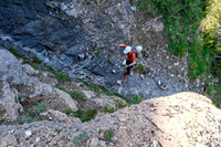 Breaking through a low headwall along the avy gullies.