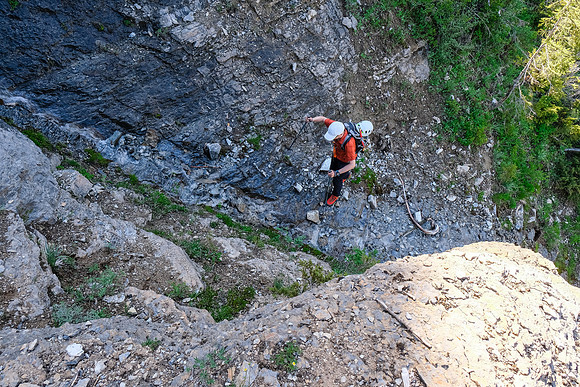 Breaking through a low headwall along the avy gullies.