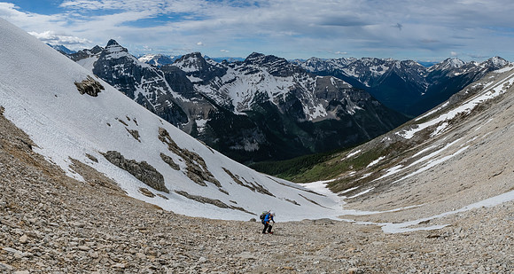 Transitioning off snow onto loose scree.