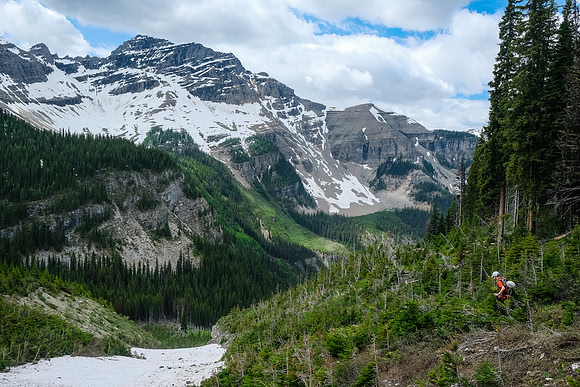 Traversing avalanche slopes back to find the trail in the forest.