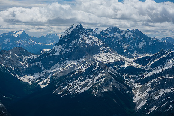 Mount Joffre at distant left with the Royal Group looming in our faces. Peaks include (L to R), Prince John, Queen Mary, Prince Henry, Prince Edward and King George in clouds.