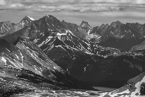 Views over Burstall Pass, past Birdwood to The Fortress and Mount Chester.