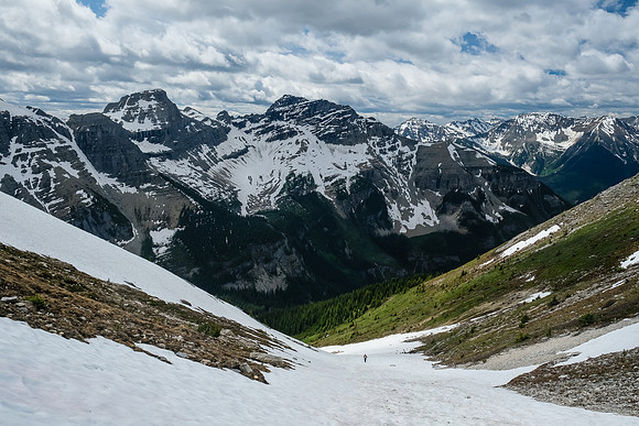 Descending the huge avalanche gully.