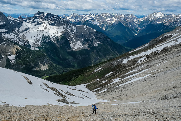Descending scree back to the avalanche gully.