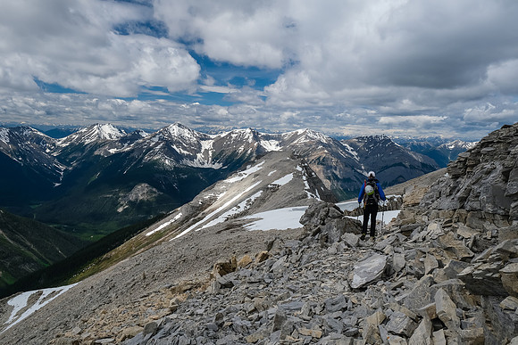 Starting back down the summit block to the west ridge.