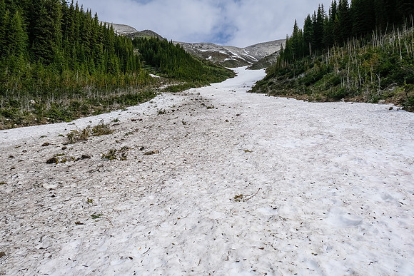 Moving up the avalanche gully on firm snow.