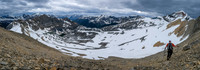 The low col at left, summit at right and Collier route coming up at lower center.