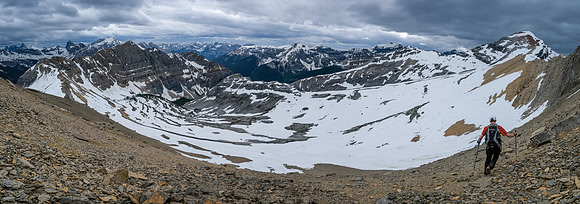 The low col at left, summit at right and Collier route coming up at lower center.