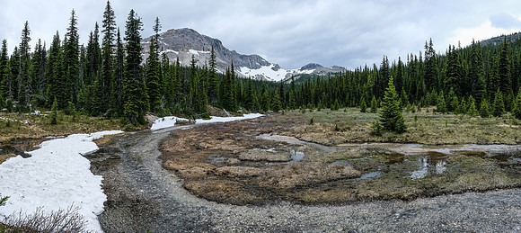 Arriving at the upper meadow just under White Man Pass. The headwall at left.