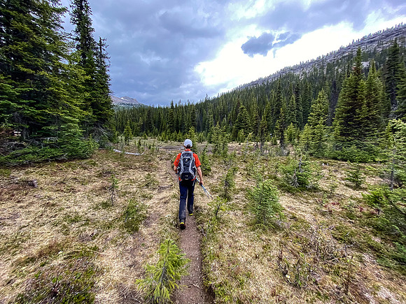 Arriving at the upper meadow just under White Man Pass.