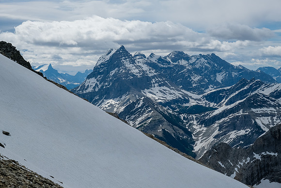 Mount Joffre at distant left with the Royal Group looming in our faces. Peaks include (L to R), Prince John, Queen Mary, Prince Henry, Prince Edward and King George in clouds.