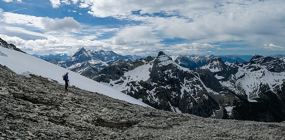 Ascending along the west ridge with stunning views.