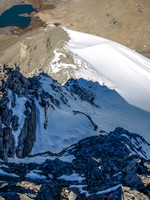 Looking down a steep section of the NW ridge at Rod and my tracks, which are either on or just beside Nigel Glacier.