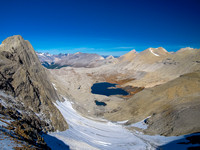 Gorgeous Wilcox Lake to the NW of the col. Tangle Ridge and Sunwapta in the distance.