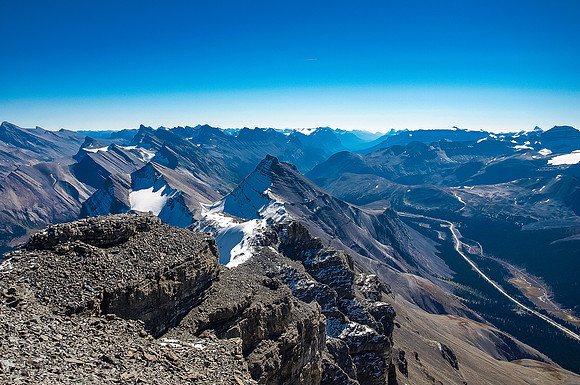 Looking SE towards Cirrus Mountain with Mount Stewart and the White Goat Wilderness at left and Mount Forbes and Saskatchewan to the right.