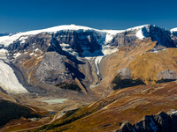 Looking over the Icefields Center and Sunwapta Lake at the toe of the Athabasca Glacier.