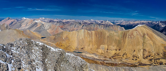 Panorama to the north, east and south over rarely ascended summits, many of which are unnamed.