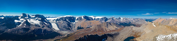 Views from Athabasca (L) to Snow Dome, Twins, Stuts, Woolley, Diadem and Sunwapta (R).