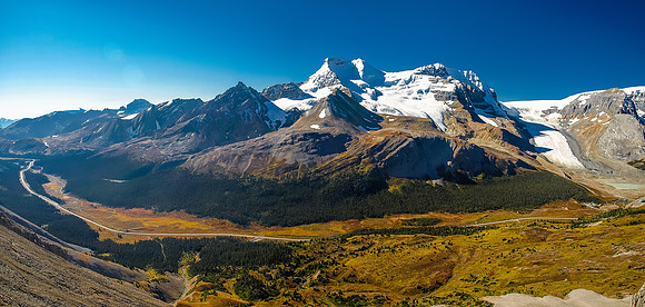 Incredible fall panorama looking west and down hwy 93 at left includes Saskatchewan, Hilda, Athabasca, Boundary and Andromeda.
