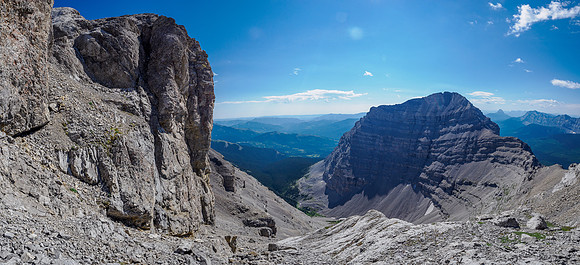 Summit at left, gained via rubble, a crack and then a  down climb to a moderate face.