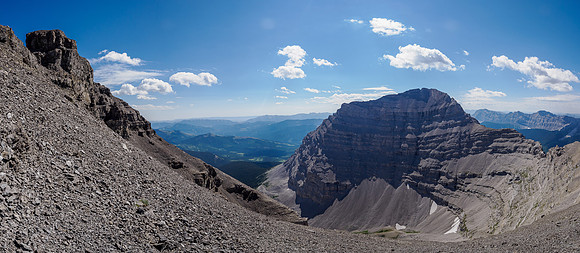 Traversing rubble slopes to the east summit of Battleship Peak.