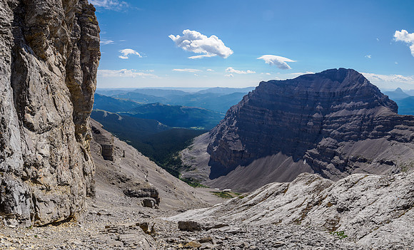 Traversing rubble slopes to the east summit of Battleship Peak.