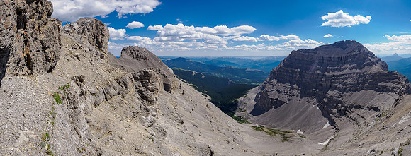 Battleship main summit at upper left, east summit and Gould Dome to the right. Note the scree ledge.