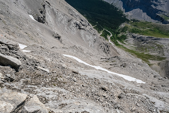 Traversing the face over a large snow patch that I wasn't equipped for.