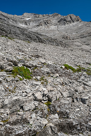 Ascending the lower rubbly SW gully / face of Tornado Mountain.