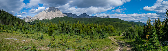 Tornado Mountain looms at left. The trail first goes away and then back and down to South Hidden Cr.