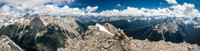 From L to R summits include, Mount Assiniboine, Aurora Byng, Turner, Morrison, Spray Lakes, Shark, Smuts, Birdwood, Warre, Vavasour and Mount Sir Douglas in clouds beyond.