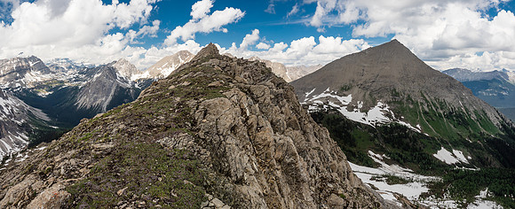 Looking back at the summits of Cross Ridge (C) and Mount Currie (R) as we descend to Cross Lake.